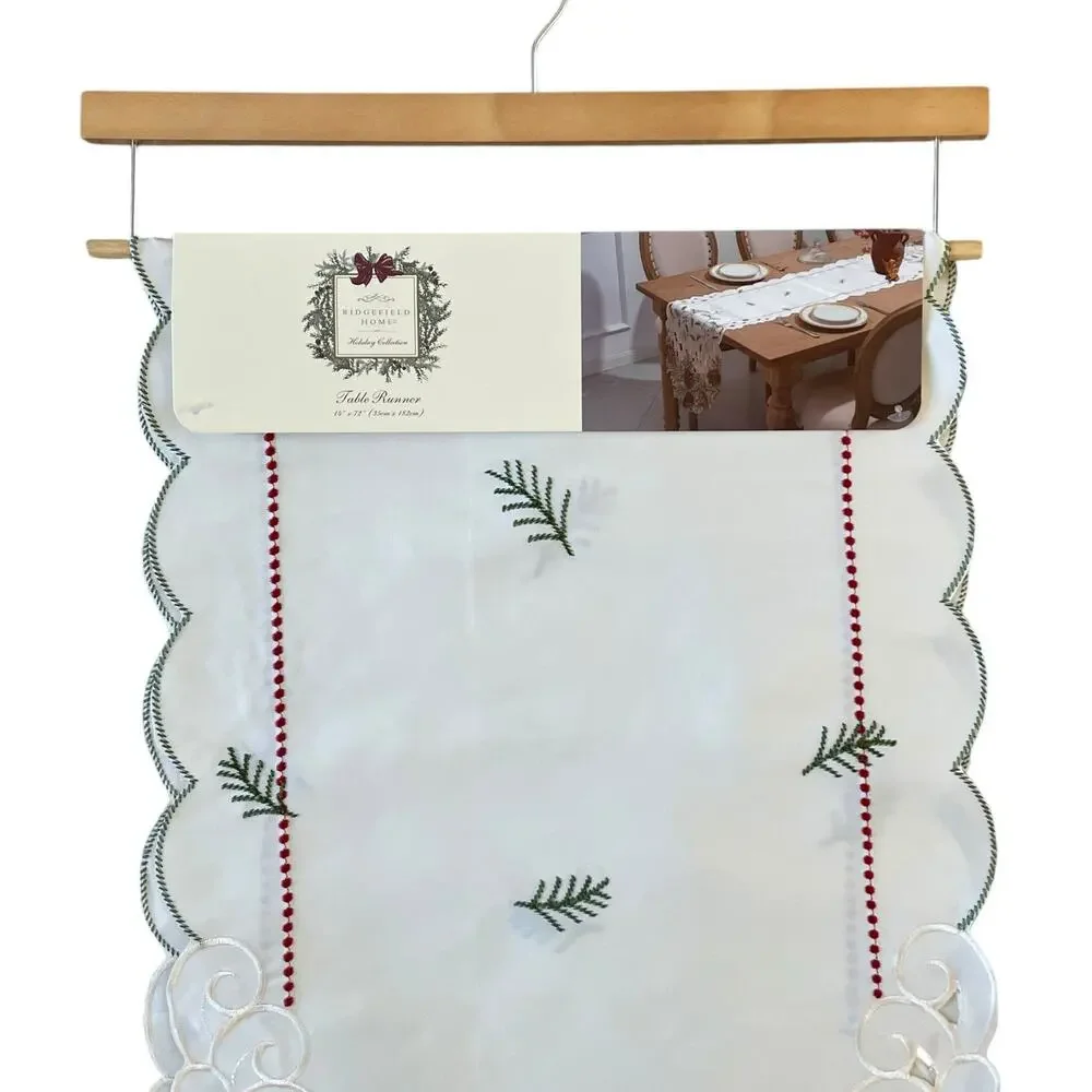 Ridgefield Home Embroidered Christmas Table Runner 14x72 Pine Cones Holly Berry